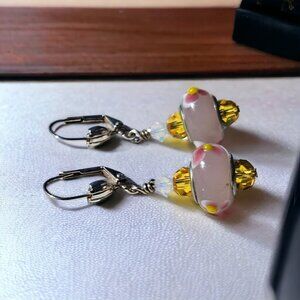Flower Lampwork beads with Sunflower Swarovski Crystal Earrings